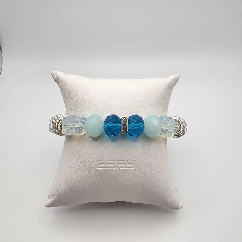 Roman Blue Crystal & Silver Tone Beads Stretchy Bracelet